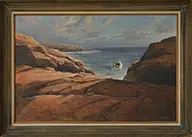 Michael B. Karas, Lobster Boat Off Coastal Rocky Shore, Oil on board