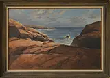 Michael B. Karas, Lobster Boat Off Coastal Rocky Shore, Oil on board