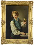 Unsigned, Boy with Yellow Songbird, Oil on canvas