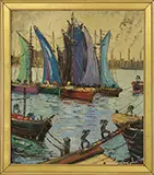 Oswaldo Imperiale, Loading Boats in a Colorful Harbor, Oil on masonite