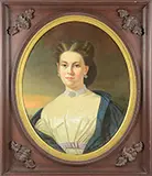 Unsigned, Portrait of a Young Lady with Jewels, Half length oil on canvas oval portrait of a young woman wearing a white empire waist gown with blue cape and earrings