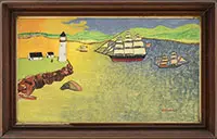 Ray Welch, Six Works from Childhood Memories, 1) Boats off lighthouse point. Oil on masonite