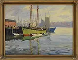 C Hjalmer Amundson, Green Boat at Dock, Possibly York Harbor, Oil on canvas