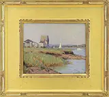 Aldro Thompson Hibbard, Coastal Shoreline View with Boats and Buildings, Oil on board