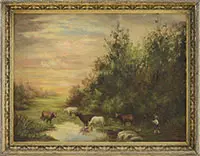Joseph Frank Currier, Landscape with Cows at a Watering Hole, Oil on canvas