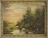 Joseph Frank Currier, Landscape with Cows at a Watering Hole, Oil on canvas