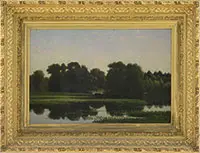Edward Mitchell Bannister, Landscape with Lily Pond & Bridge, Oil on canvas