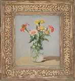 Robert Kulicke, Zinnias in a Glass Jar, Oil on Masonite
