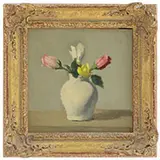 Robert Kulicke, White Vase with Tulips, Oil on Masonite