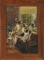 Goodwin, Three Hunting Dogs Peering Out the Window, Oil on canvas