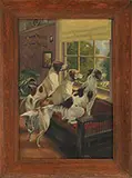 Goodwin, Three Hunting Dogs Peering Out the Window, Oil on canvas