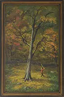 Lawrence Beall Smith, Autumn Scene with Boy Swinging Bat, Oil on Masonite