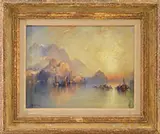 Thomas Moran, A Hillside Village at Sunset, Oil on canvas