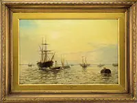 Edward Henry Eugene Fletcher, Ships in Harbor at Sunrise, Oil on canvas