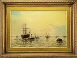 Edward Henry Eugene Fletcher, Ships in Harbor at Sunrise, Oil on canvas