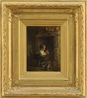 Michael Arnoux, Two Works: Boy with Kitten by the Fire and Boy Practicing Horn, Oil on panels
