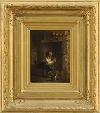 Michael Arnoux, Two Works: Boy with Kitten by the Fire and Boy Practicing Horn, Oil on panels