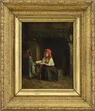 Phillippe Francois Sauvage, Girl Reading in Interior, Oil on panel