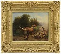 Heinrich Marr, Children in Haywagon Riding Past a Herd of Sheep, Oil on panel