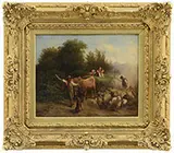 Heinrich Marr, Children in Haywagon Riding Past a Herd of Sheep, Oil on panel