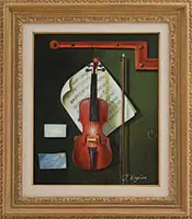 J Bingham, Trompe L’Oeil Still Life with a Red Violin, Oil on canvas