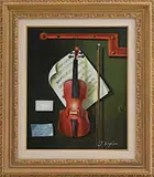 J Bingham, Trompe L’Oeil Still Life with a Red Violin, Oil on canvas