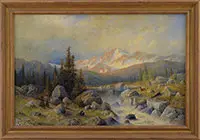 Karl Eugene Felix, Landscape with Snowcapped Mountain, Waterfall and Deer, Oil on canvas