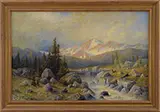 Karl Eugene Felix, Landscape with Snowcapped Mountain, Waterfall and Deer, Oil on canvas