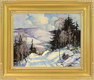 James King Bonnar, Driving the Horses Up the Mountain Road in Winter, Oil on board
