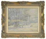 Horse Drawn Sleigh in a Wintry Landscape by Johann Berthelsen, Oil on canvas, sold Feb 2016
