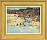George Carpenter, Persimmon Barns on Snowy River, Oil on board