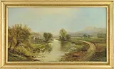 Edmund Darch Lewis, Panoramic Landscape with Farms, River, Cows & Mountains, Oil on canvas