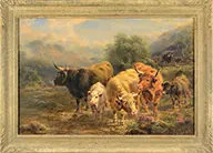 William Watson, Highland Cattle at Rivers Edge, Oil on canvas