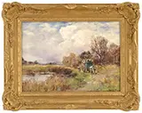 Henry J Yeend King, Gypsy Cart on a Country Lane, Oil on wood panel with cross-hatched wood cradle backing