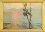 Lluís Graner, Ocean View at Sunset with Eucalyptus Tree, Oil on canvas
