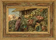 Ferdinando Silvani, Women at the Produce Market, Oil on board