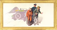 William Meade Prince, Illustration of an Elderly Couple Being Led Away from a Winged Sportscar, Oil on canvas