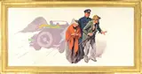 William Meade Prince, Illustration of an Elderly Couple Being Led Away from a Winged Sportscar, Oil on canvas