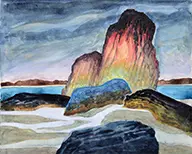 Daniel Hodermarsky, Colorful Rocks on Shoreline – Deer Isle?, Watercolor on paper Presently matted
