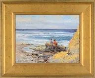 Paul King, Beach Scene with Two Figures, Oil on board