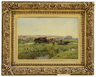 Joseph Foxcroft Cole, Pastoral Landscape with Cows, Oil on canvas