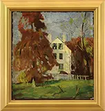 Fern Isabel Kuns Coppedge, Sunlit Colonial, Oil on wood panel
