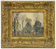 Landscape with Trees, Houses and Figures by Ernest Lawson, Oil on board, sold Aug 2015