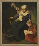 André Crochepierre, Child Reading Next to Grandmother Spinning Wool, Oil on canvas