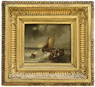 Hendrick Schaep, Marine Scene Figures in a Row Boat, Oil on beveled mahogany panel