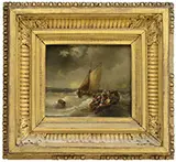 Hendrick Schaep, Marine Scene Figures in a Row Boat, Oil on beveled mahogany panel