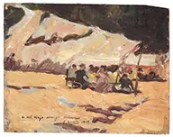 Joaquín Sorolla, Figures on a Beach Under a Tent/Canopy, Oil on wood panel