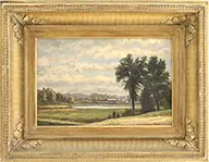 Charles Russ, Panoramic Town Scene with Figures and Train, Oil on canvas
