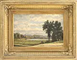 Charles Russ, Panoramic Town Scene with Figures and Train, Oil on canvas