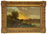 Arthur Parton, Fisherman and Cows Under Sunset Landscape